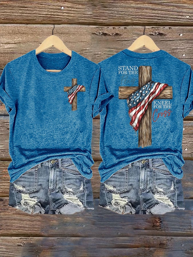 Women's STAND FOR THE FLAG, KNEEL FOR THE CROSS Print Casual T-shirt