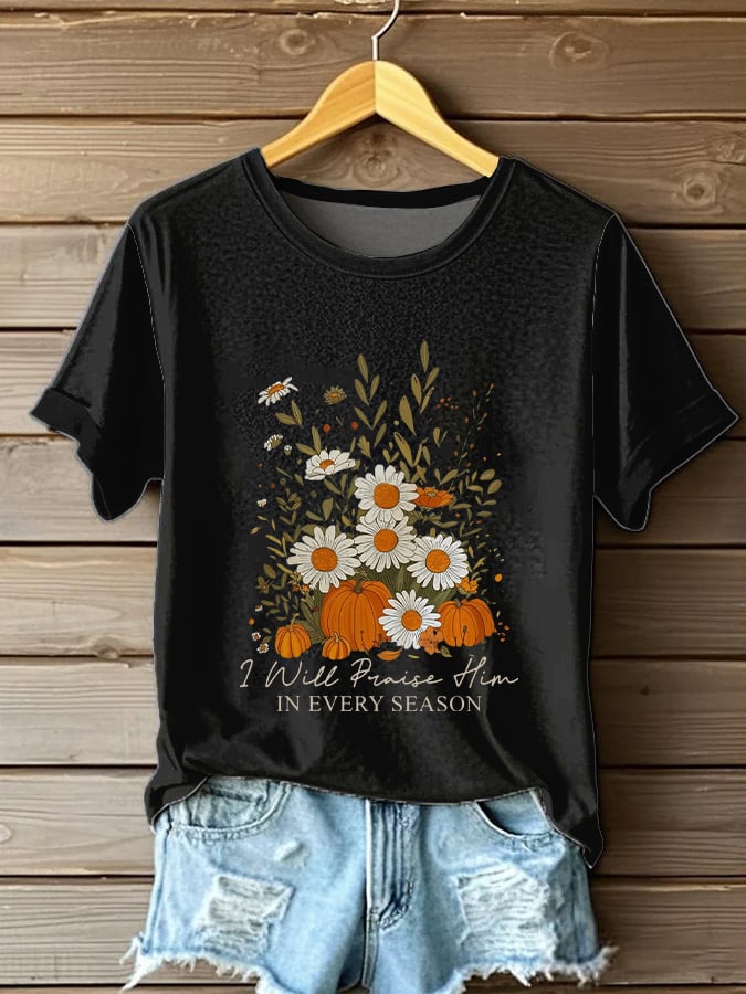 Women's Casual Autumn Faith Graphic Print Round Neck Short Sleeve T-Shirt