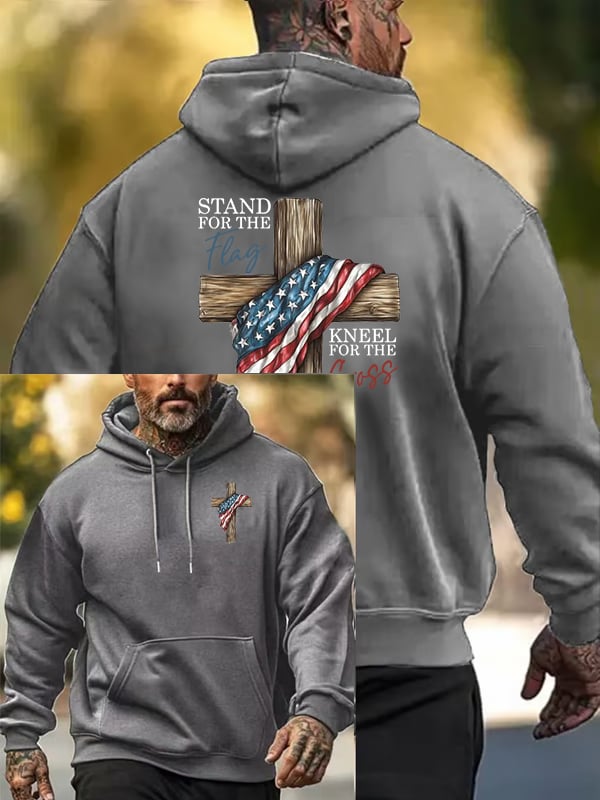 Men's Stand For The Flag Kneel For The Cross Printed Casual Hoodie