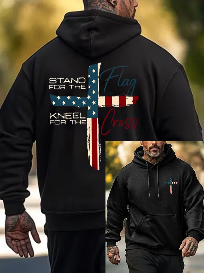 Men's Stand For The Flag Kneel For The Cross Printed Casual Hoodie