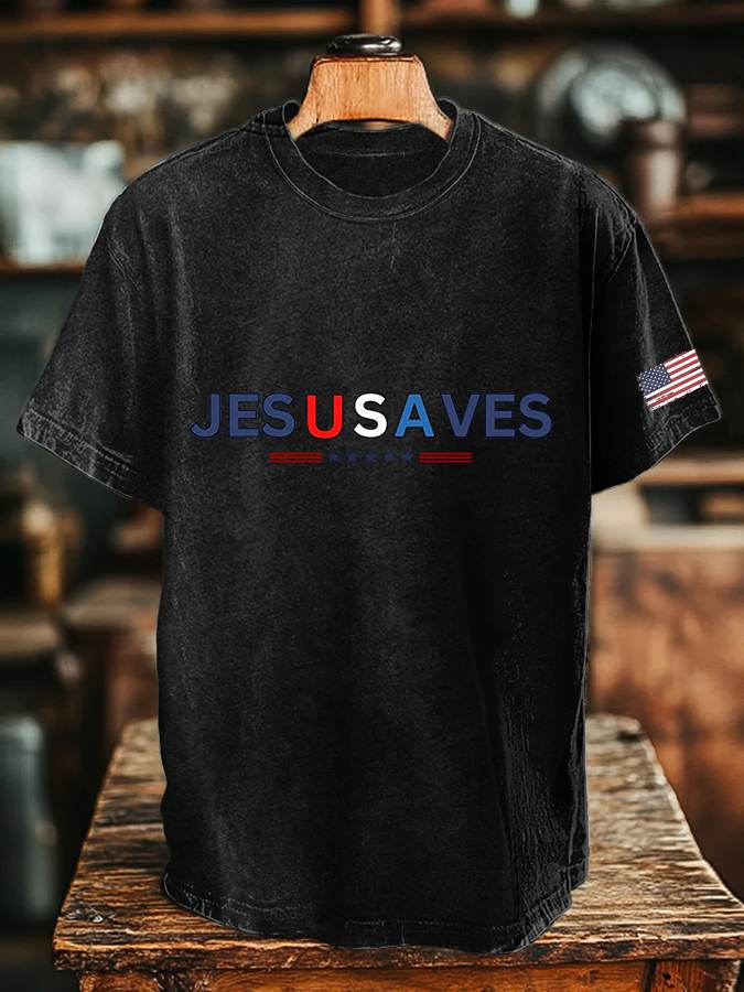 Men's Vintage USA Jesus Saves Printed Round Neck T-Shirt