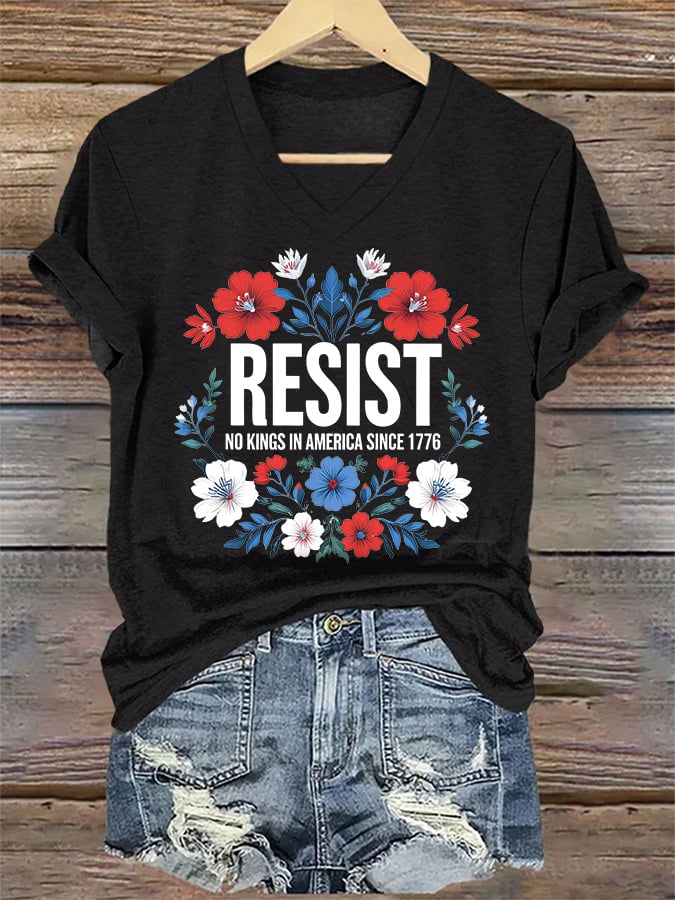 🔥Buy 3 Get 15% Off🔥V-Neck Retro Resist No Kings In America Since 1776 Print T-Shirt