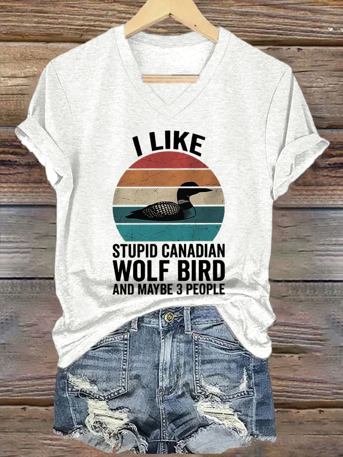 Women's casual Canadian wolf and bird T-shirt