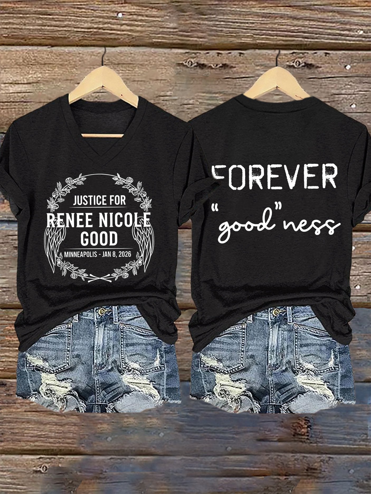 V-Neck Retro Justice For Renee Nicole Good Minneapolis-Jan 8, 2026 Forever "Good"Ness Print T-Shirt