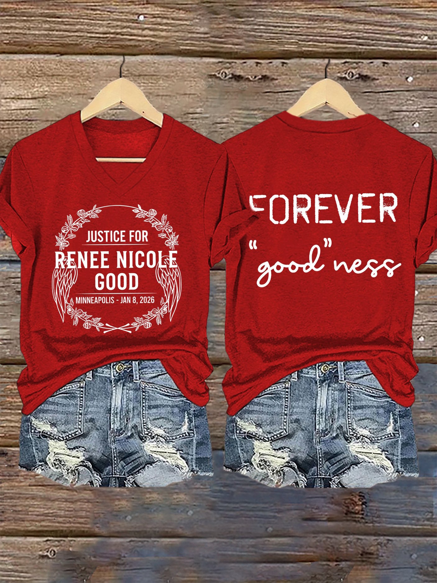 V-Neck Retro Justice For Renee Nicole Good Minneapolis-Jan 8, 2026 Forever "Good"Ness Print T-Shirt