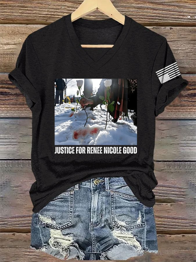 V-Neck Retro Justice For Renee Nicole Good Print T-Shirt