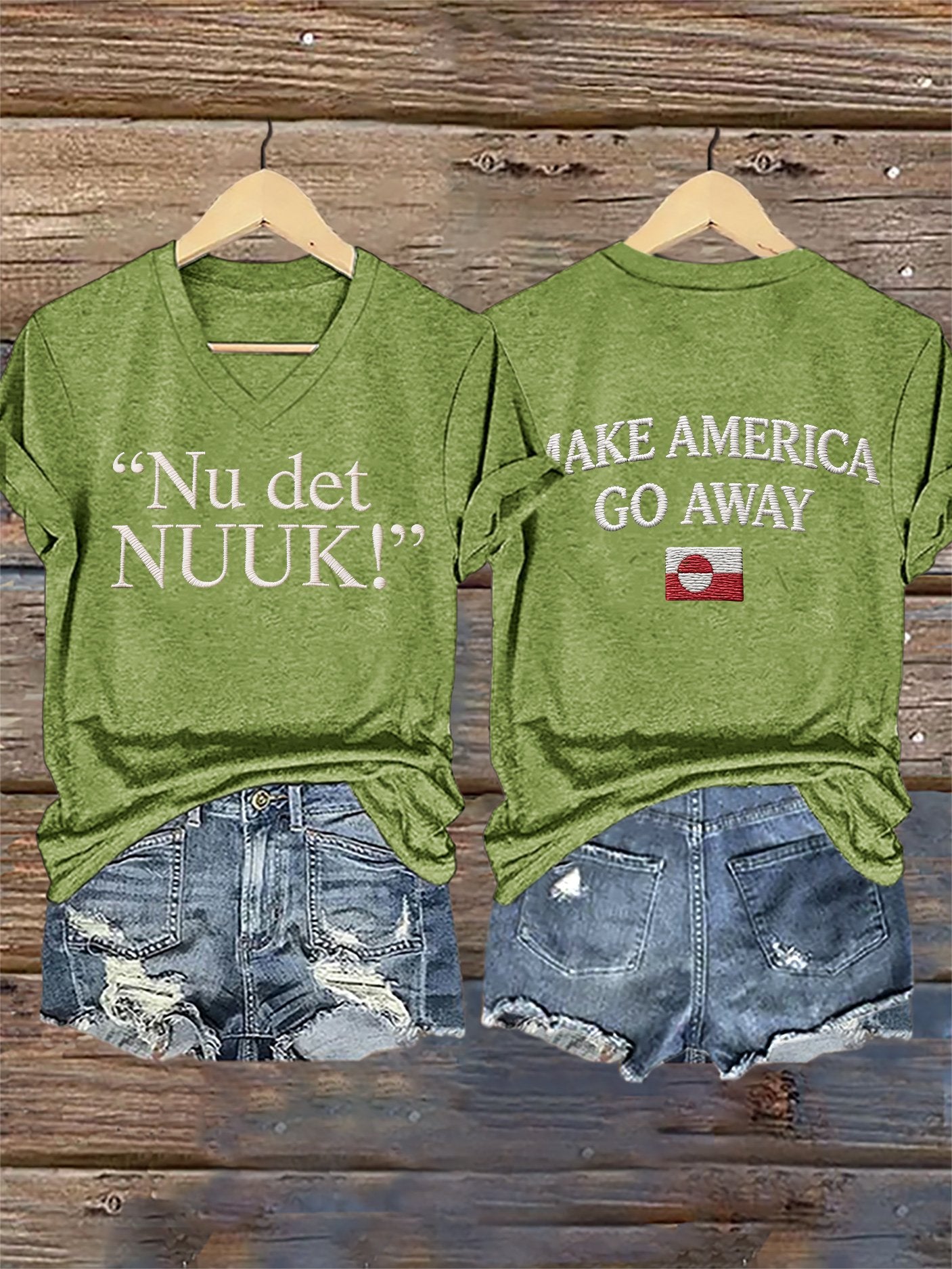 V-Neck Retro Nu Det Nuuk! Make America Go Away Print T-Shirt