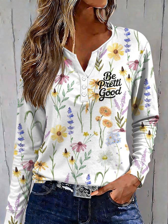 Women's Casual Be Pretty Good Floral Long-Sleeved Base Layer Shirt