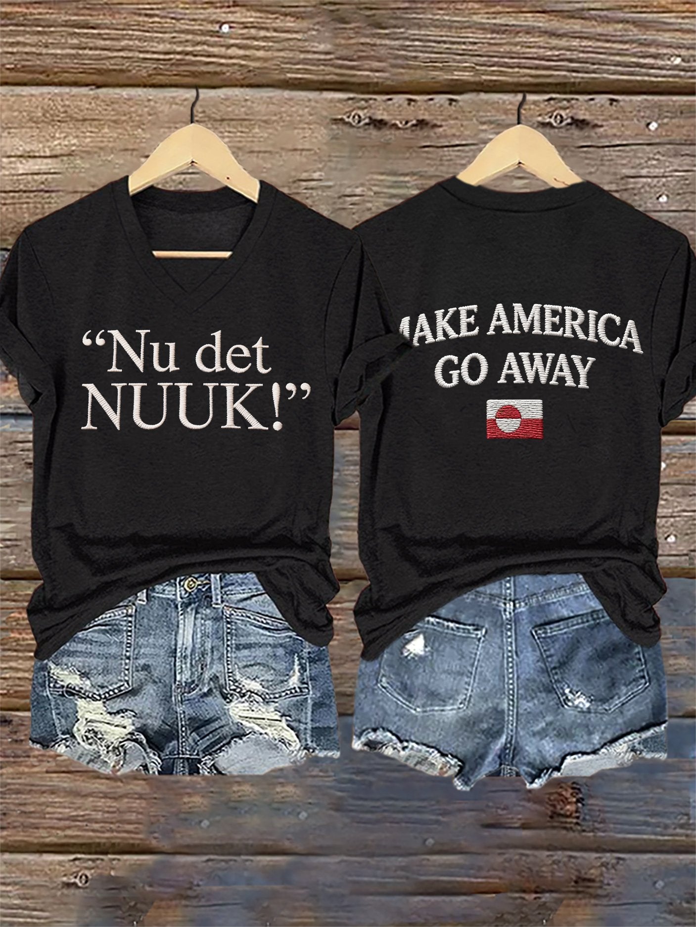 V-Neck Retro Nu Det Nuuk! Make America Go Away Print T-Shirt
