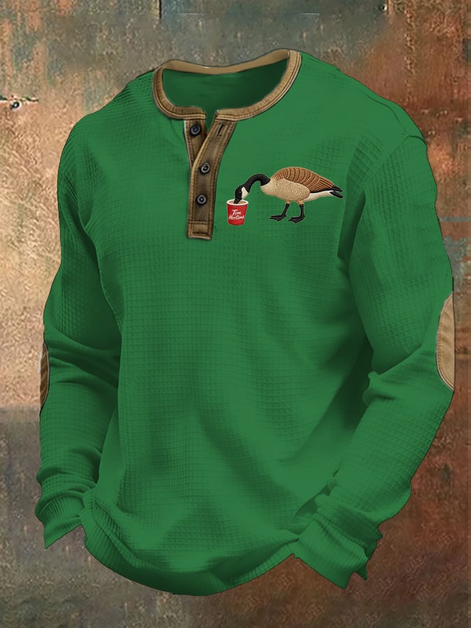 Men's casual Canadian Wolfbird waffle-knit Henley shirt