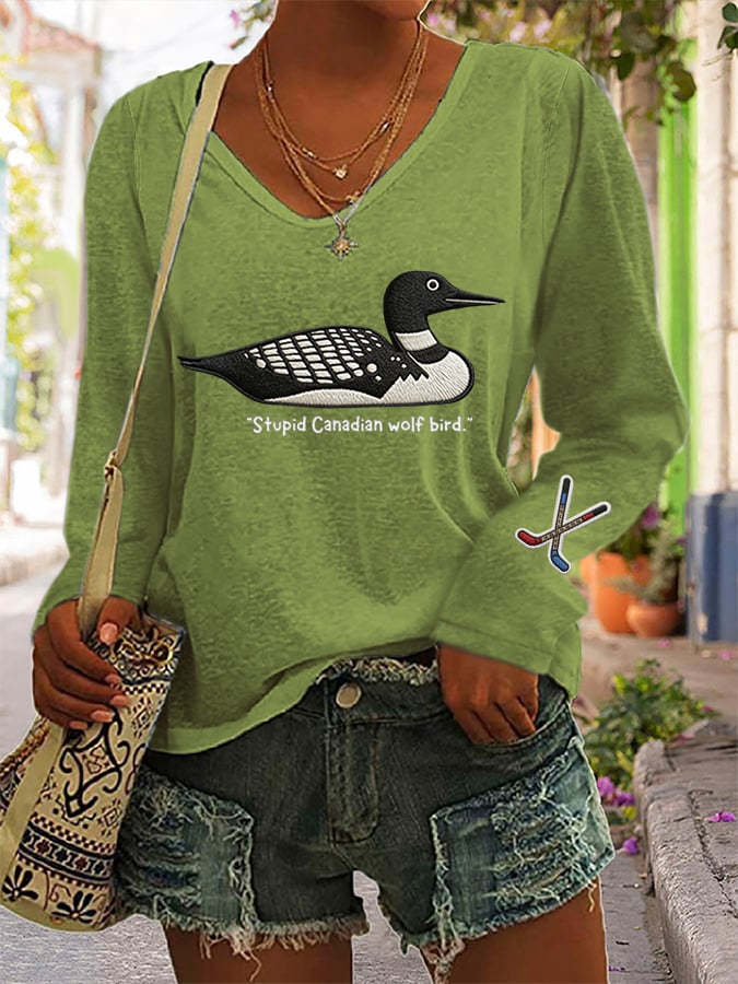 Women's Stupid Canadian wolf bird Print Long Sleeve T-shirt