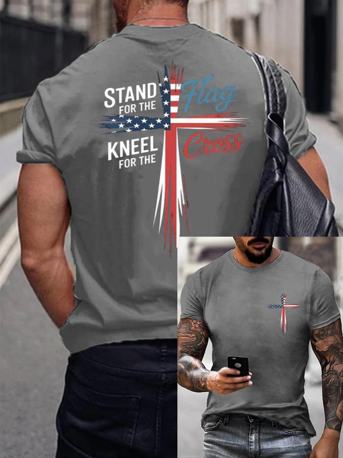 🔥Hot Sale Picks 🔥Men's Stand For Flag Kneel For The Cross Print T-Shirt