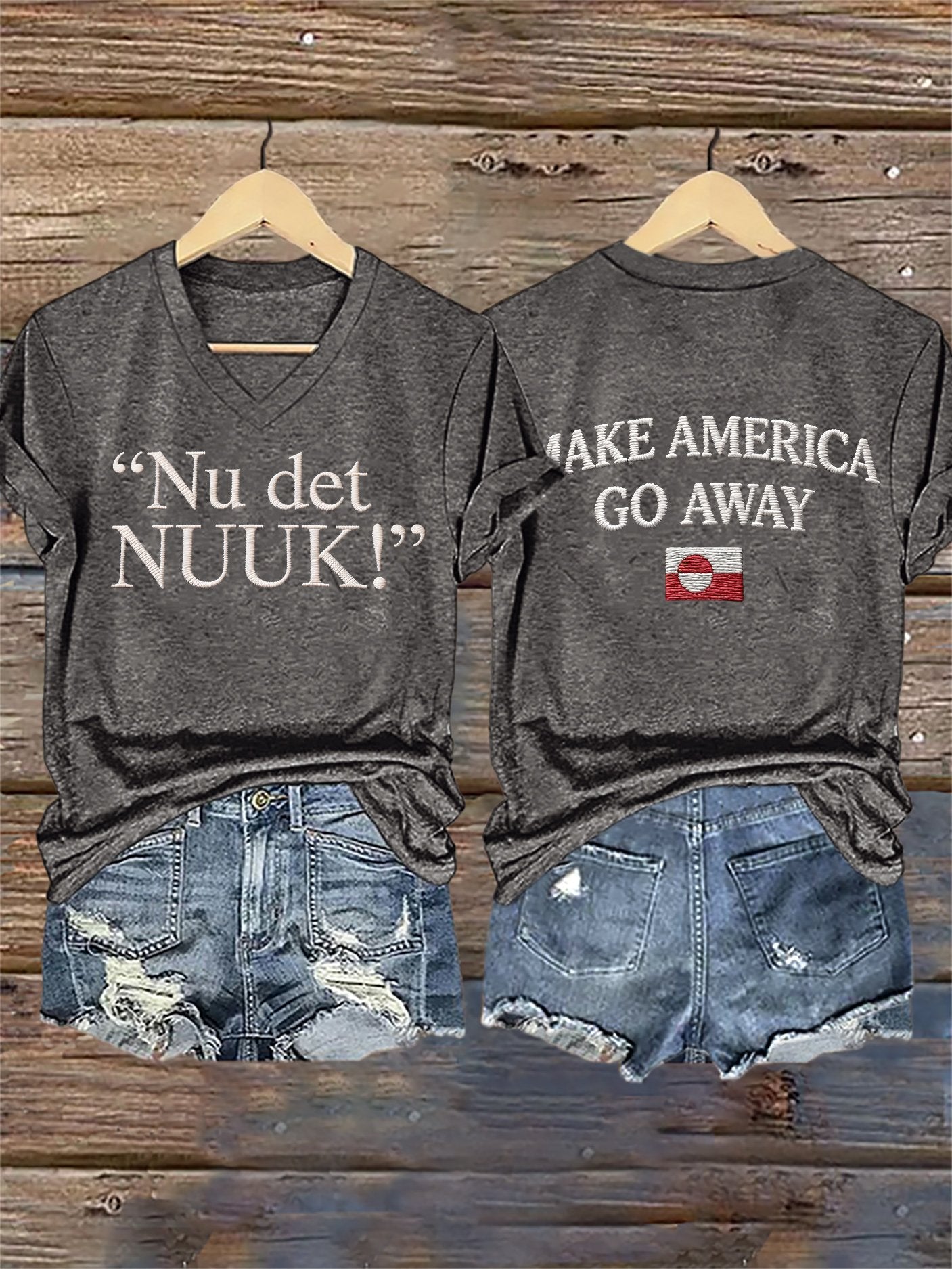 V-Neck Retro Nu Det Nuuk! Make America Go Away Print T-Shirt