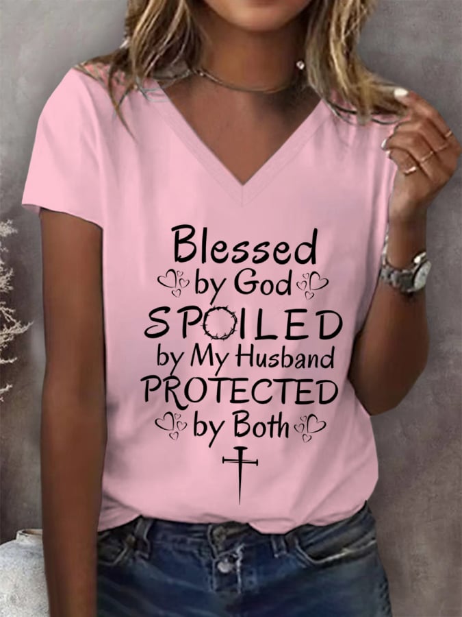 Women's Blessed by God Spoiled by my Husband Protected by Both Print T-Shirt
