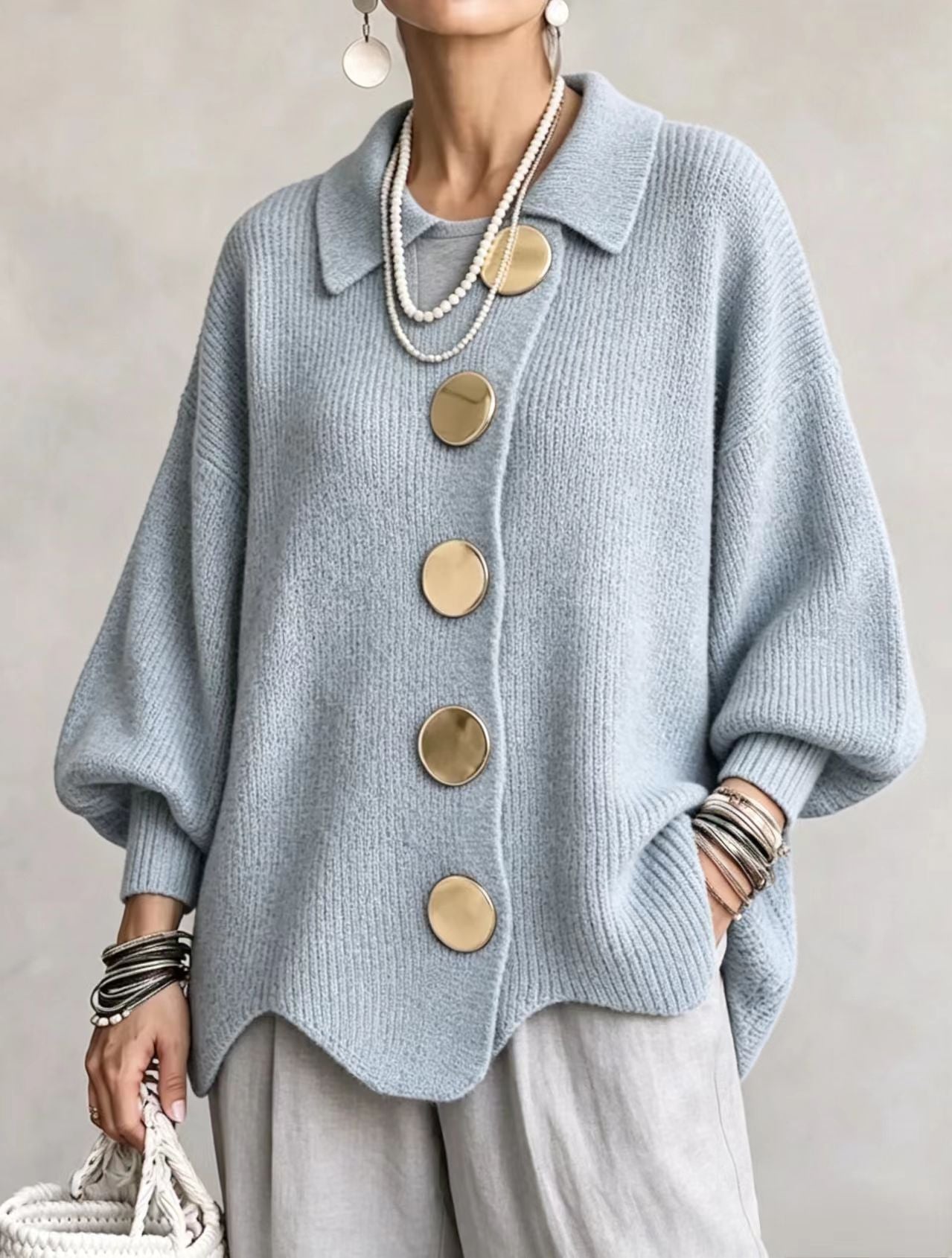 🤲LAST DAY SAVE 49% ⏰Oversized Collared Knit Cardigan With Large Metal Buttons