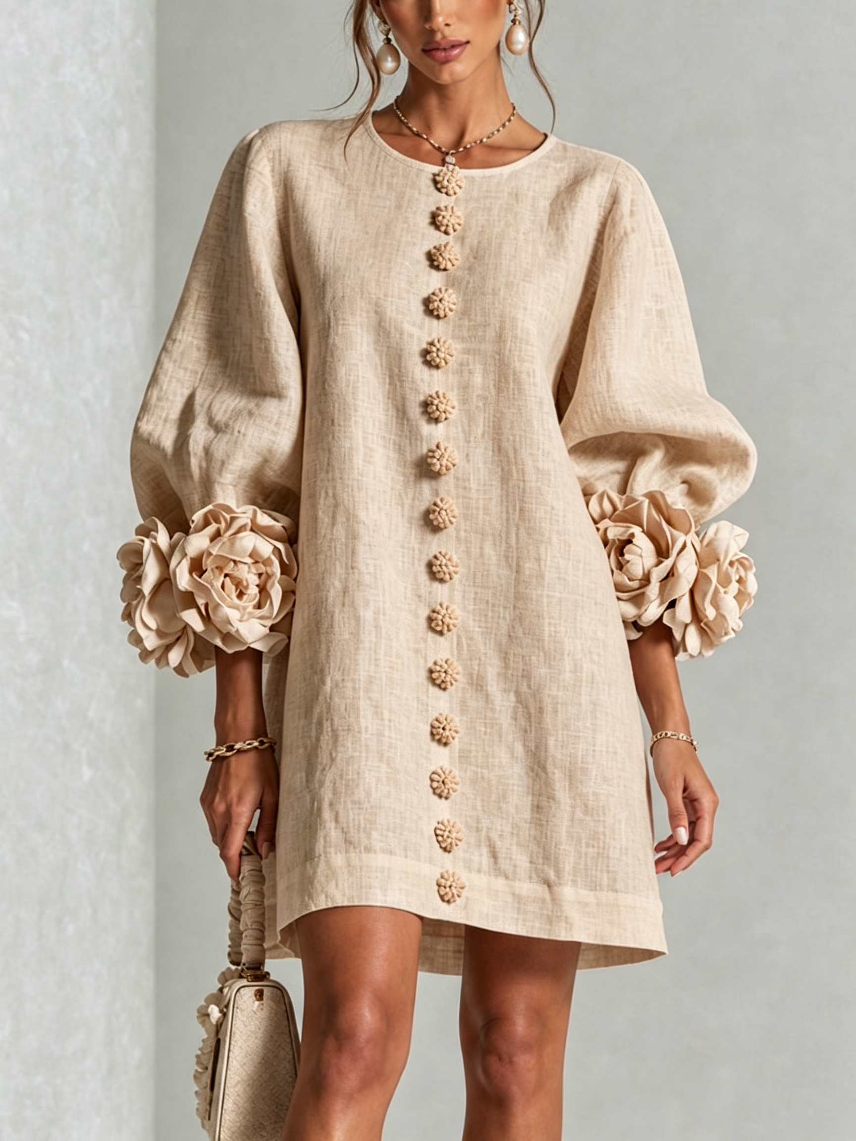 ๐๐White Floral Button-down Mini Dress With Striking Floral Cuffs