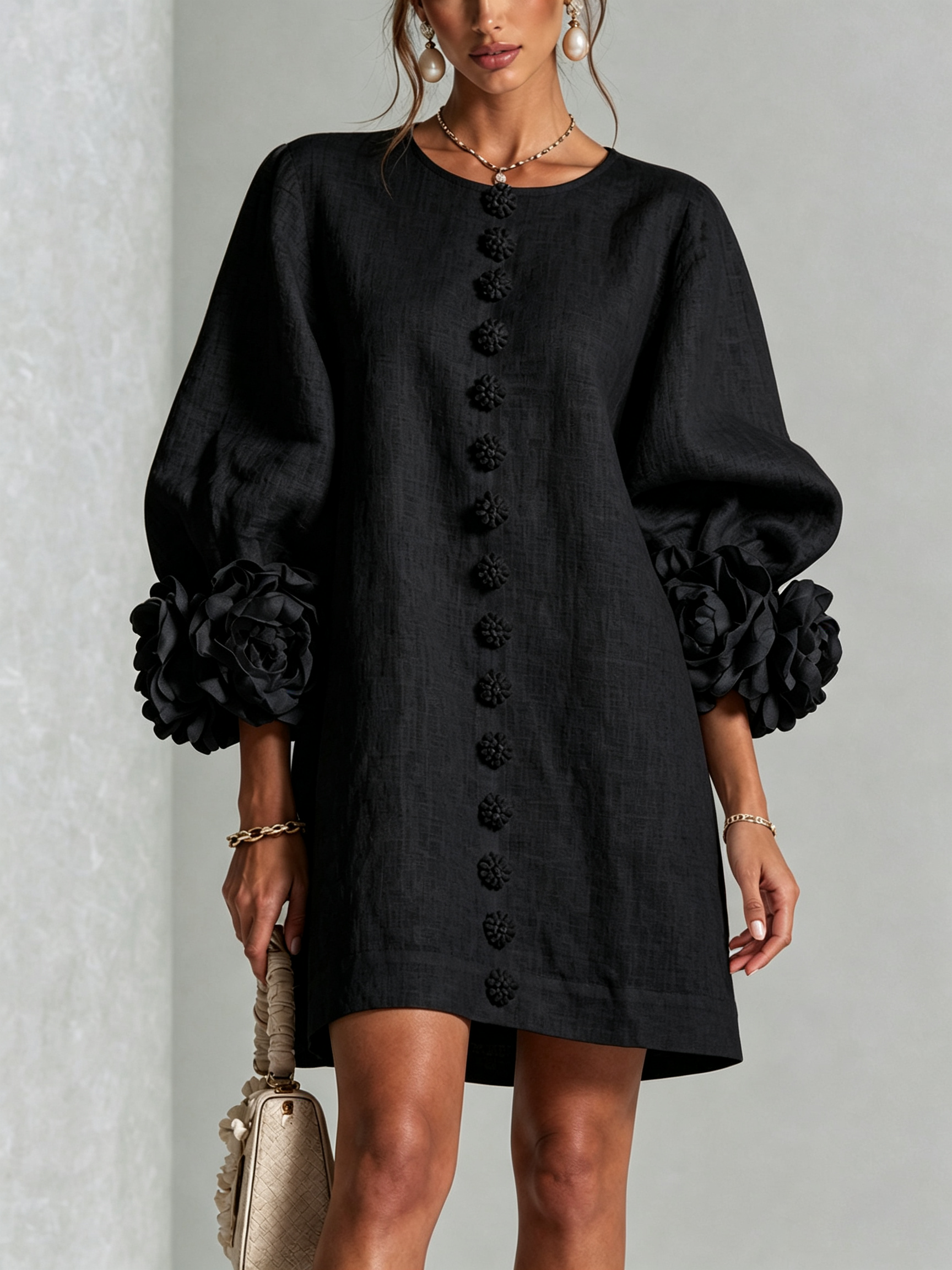 ๐๐White Floral Button-down Mini Dress With Striking Floral Cuffs