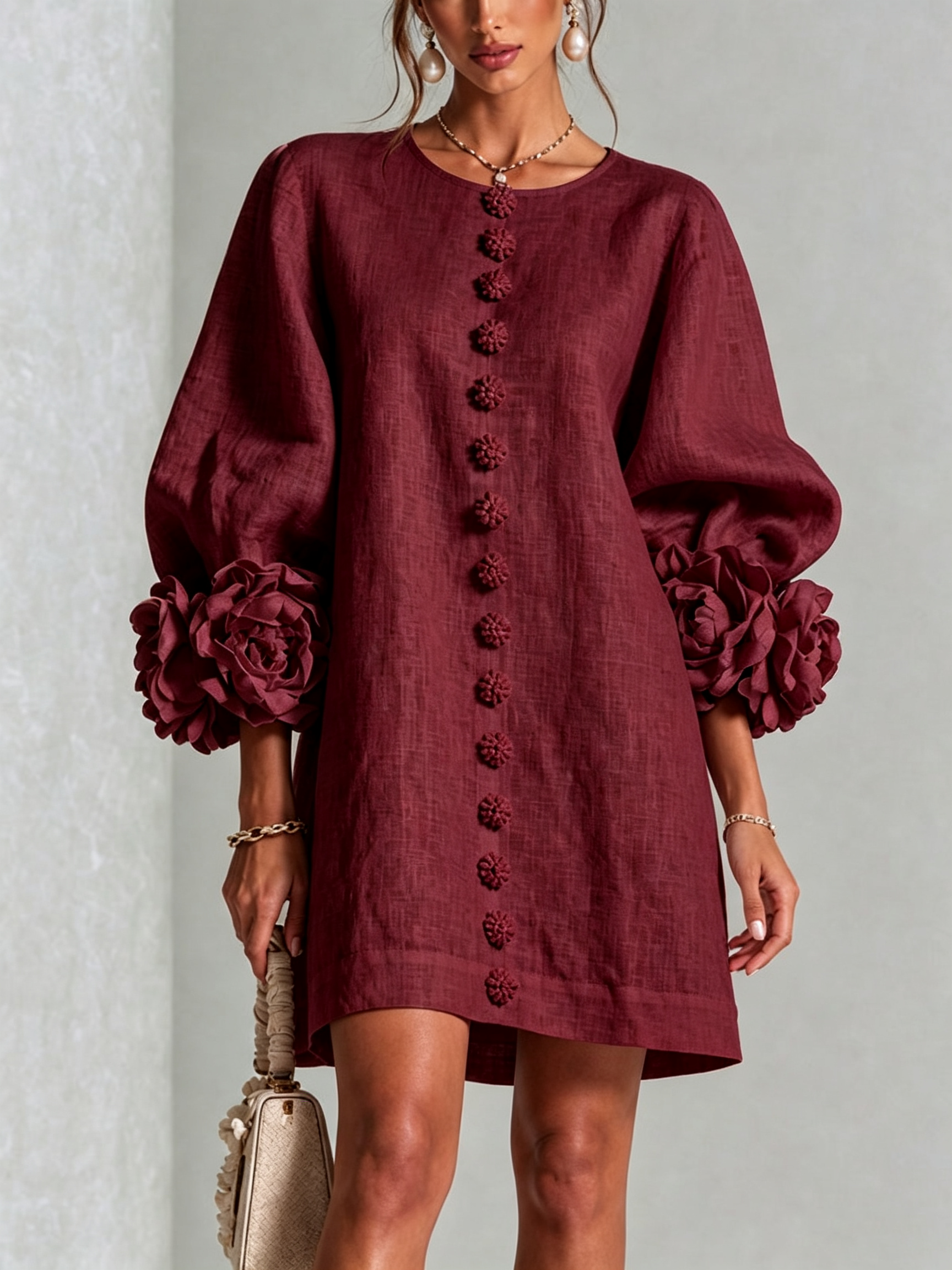 ๐๐White Floral Button-down Mini Dress With Striking Floral Cuffs