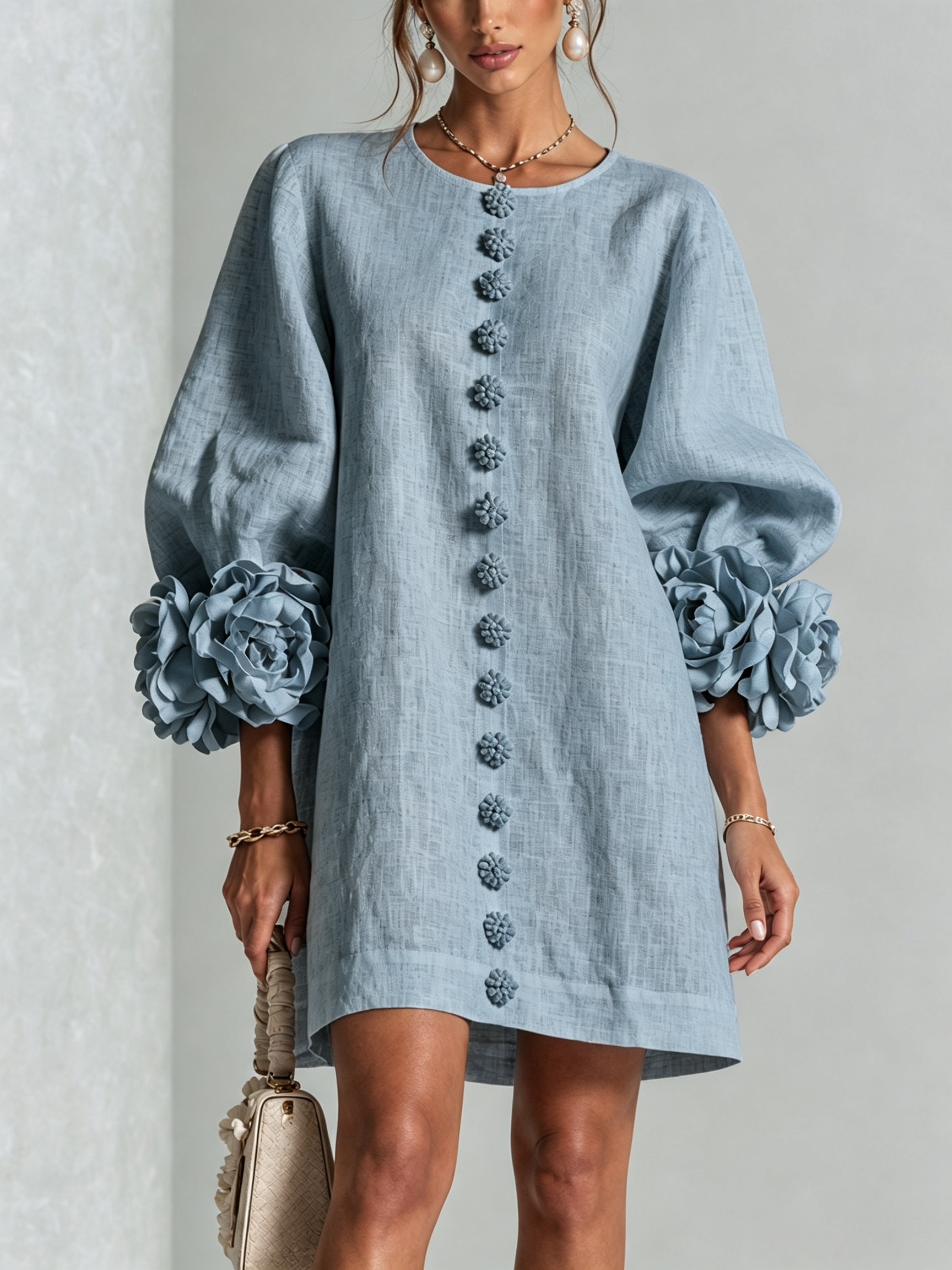 ๐๐White Floral Button-down Mini Dress With Striking Floral Cuffs