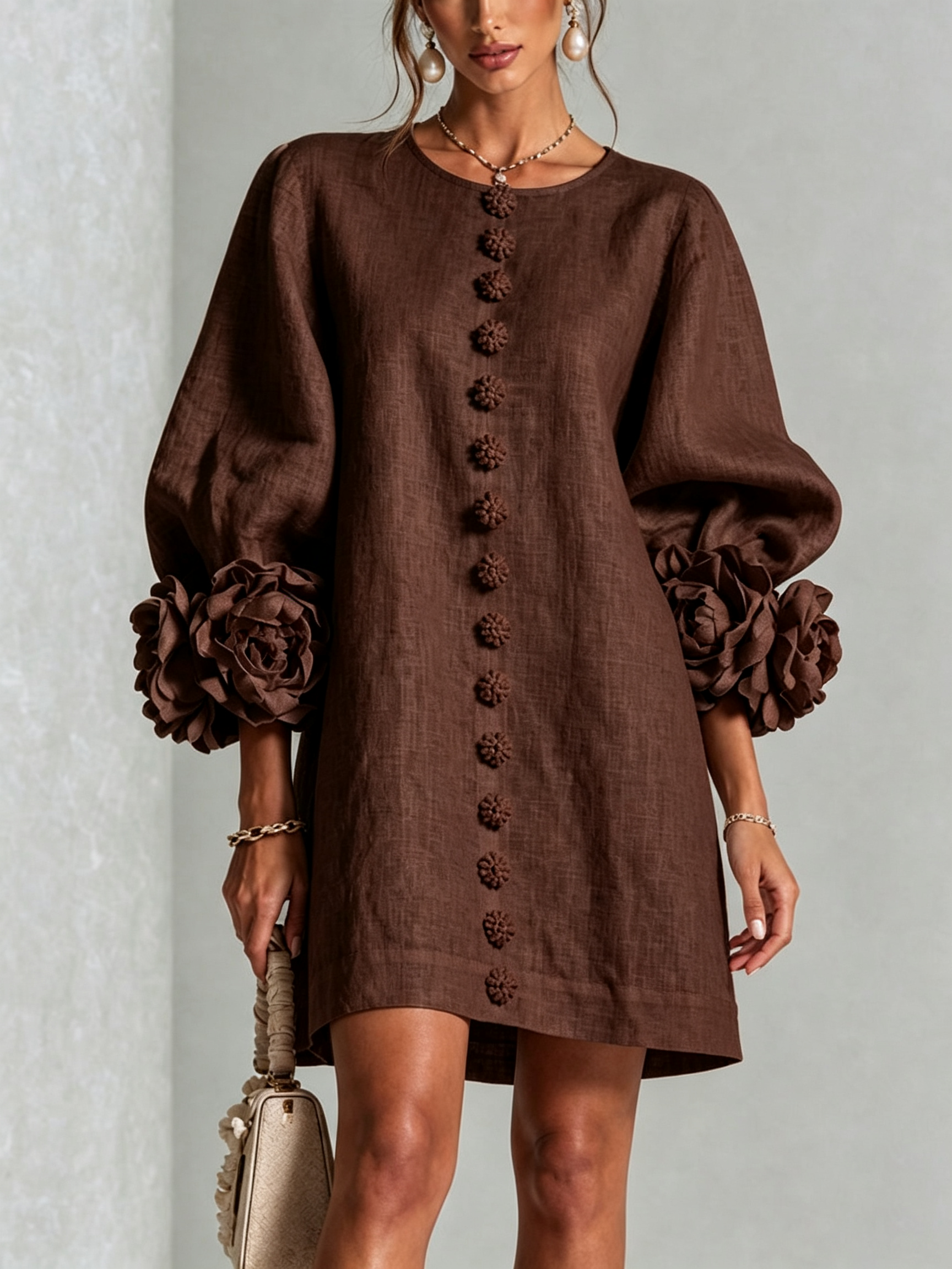 ๐๐White Floral Button-down Mini Dress With Striking Floral Cuffs