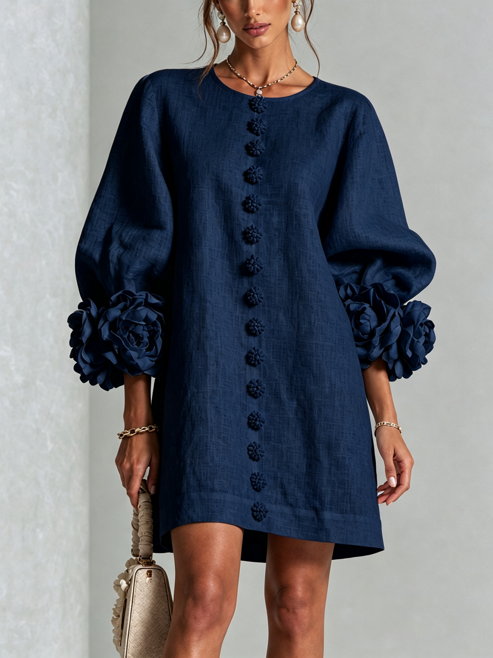 ๐๐White Floral Button-down Mini Dress With Striking Floral Cuffs