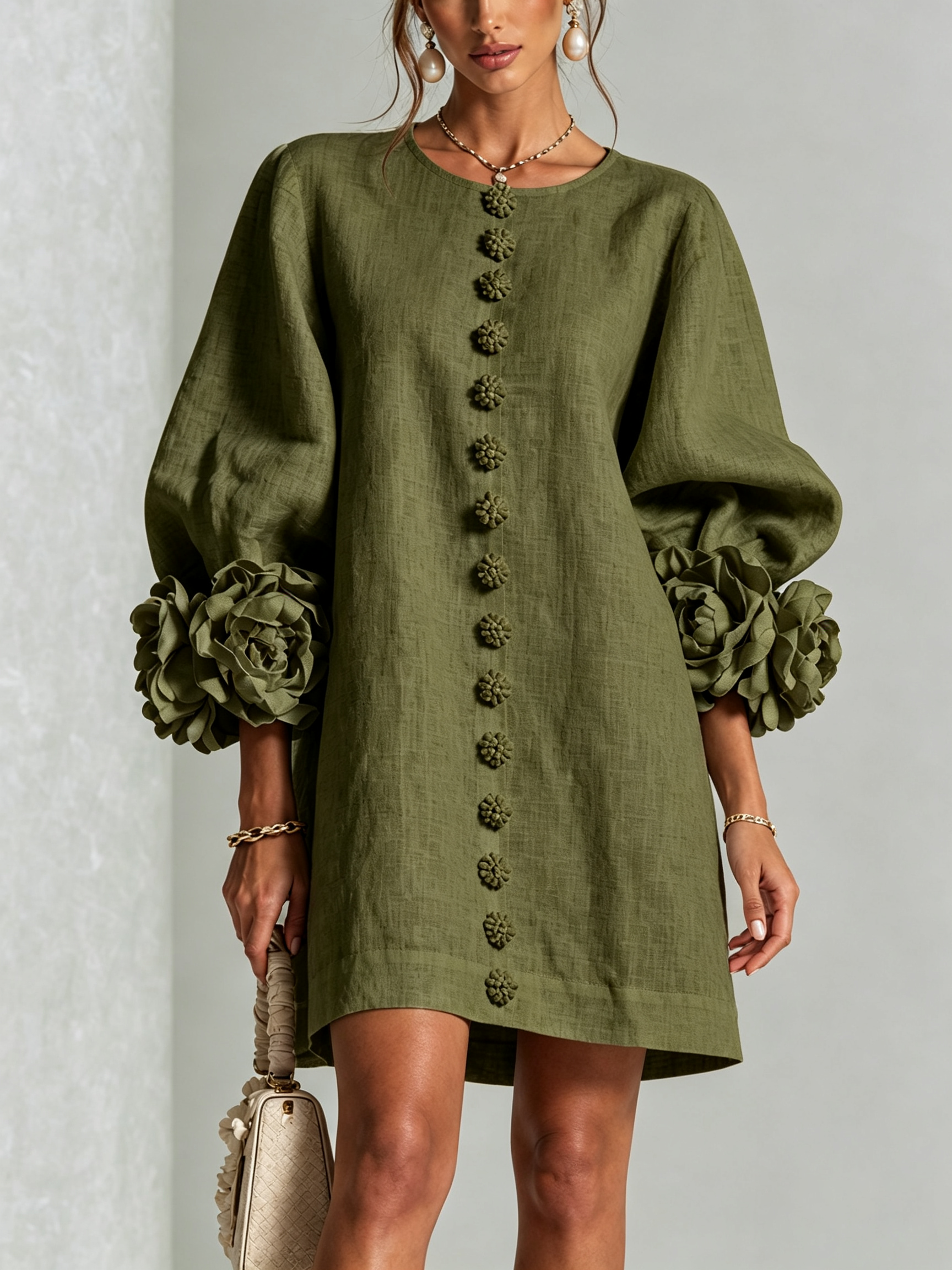 ๐๐White Floral Button-down Mini Dress With Striking Floral Cuffs