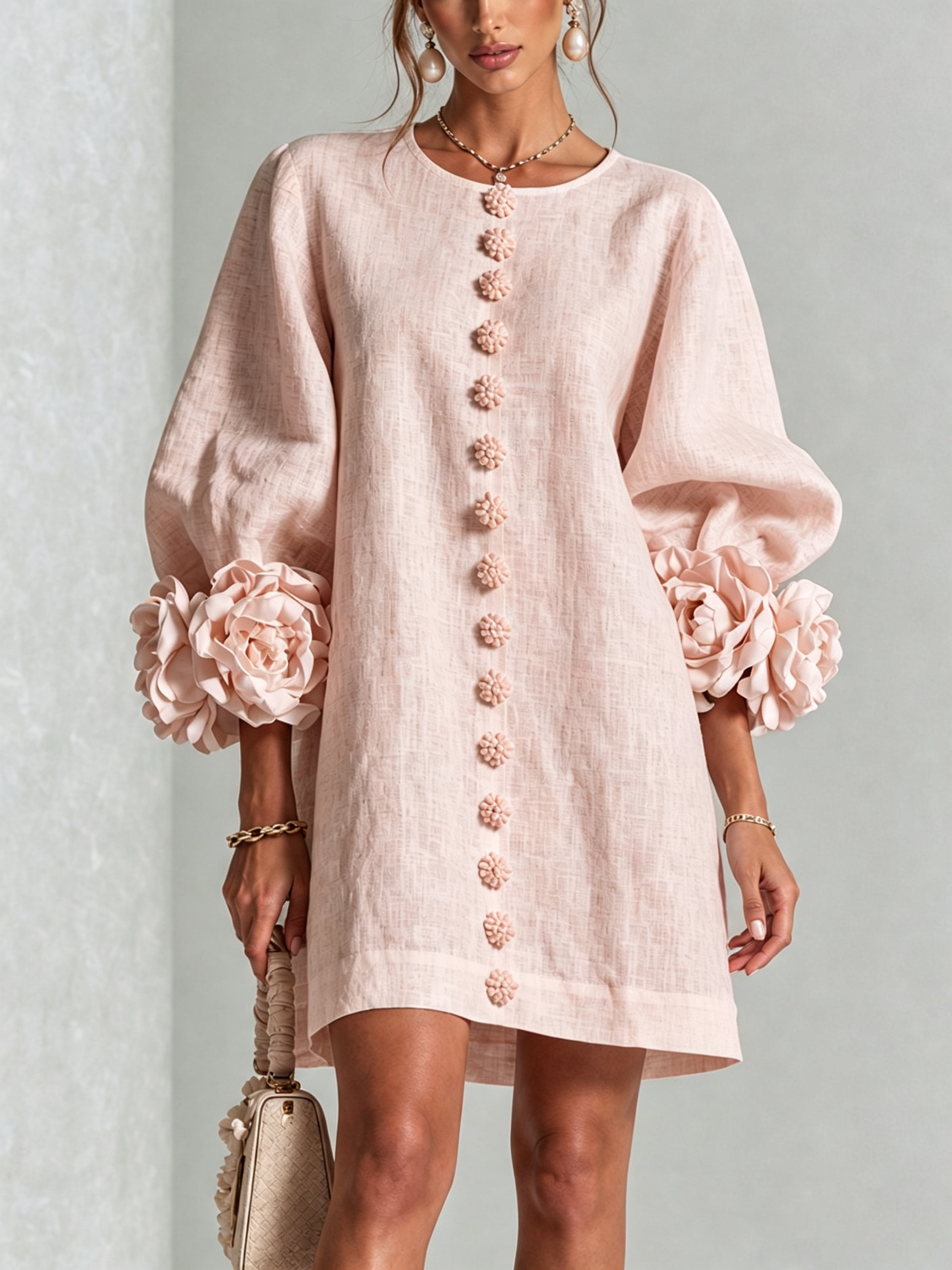 ๐๐White Floral Button-down Mini Dress With Striking Floral Cuffs