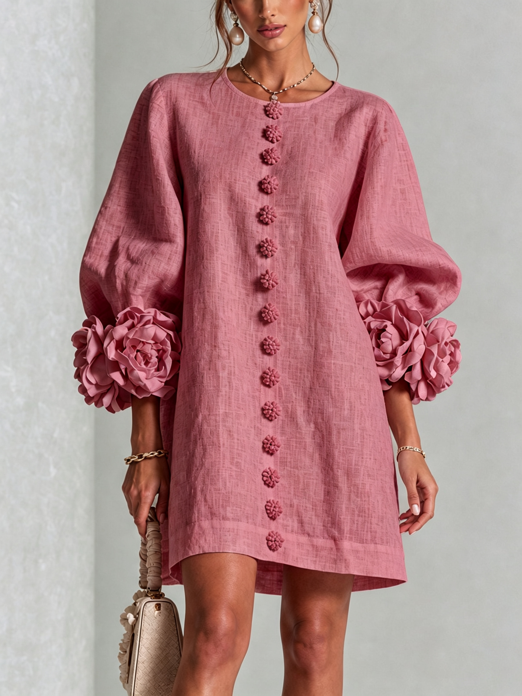 ๐๐White Floral Button-down Mini Dress With Striking Floral Cuffs