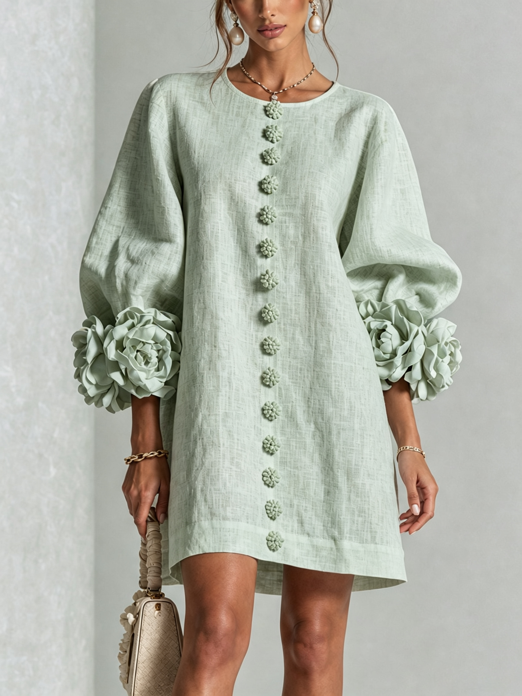 ๐๐White Floral Button-down Mini Dress With Striking Floral Cuffs