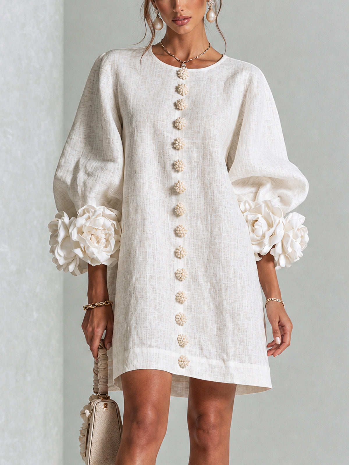 ๐๐White Floral Button-down Mini Dress With Striking Floral Cuffs