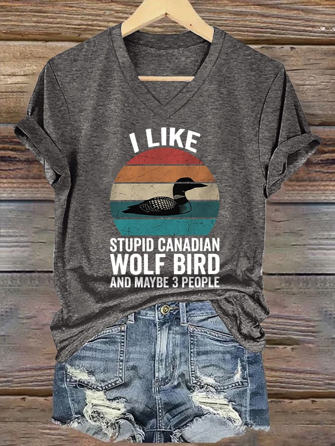 Women's casual Canadian wolf and bird T-shirt