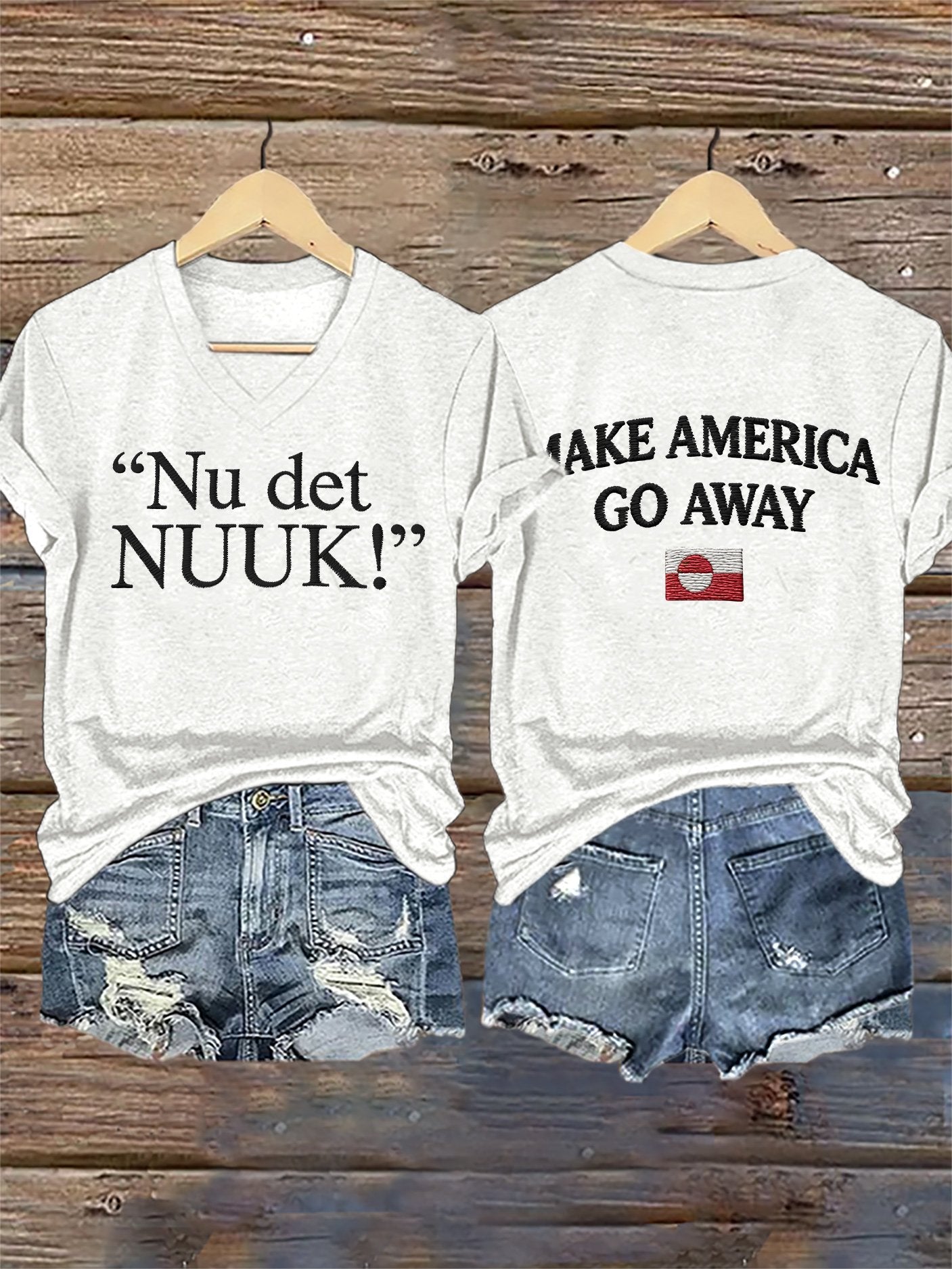 V-Neck Retro Nu Det Nuuk! Make America Go Away Print T-Shirt