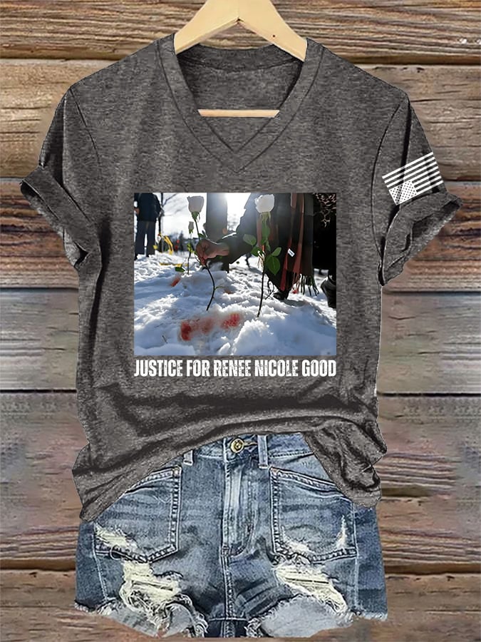 V-Neck Retro Justice For Renee Nicole Good Print T-Shirt