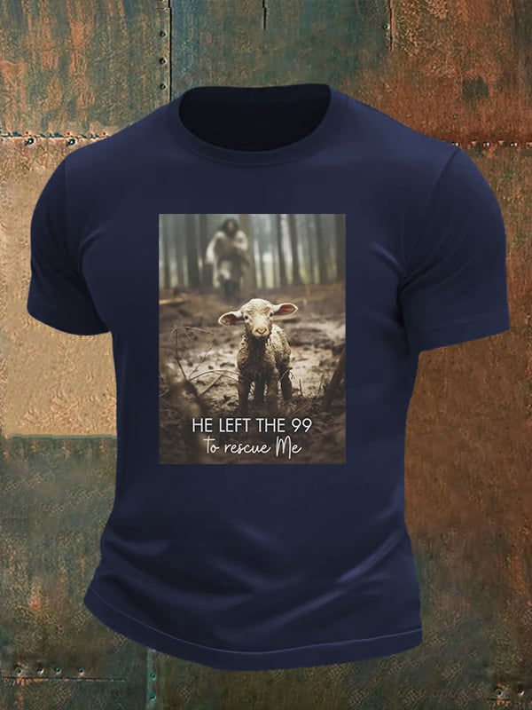 Men's He Left the 99 to Rescue Me, Jesus and Lost Sheep, Christian T-shirt