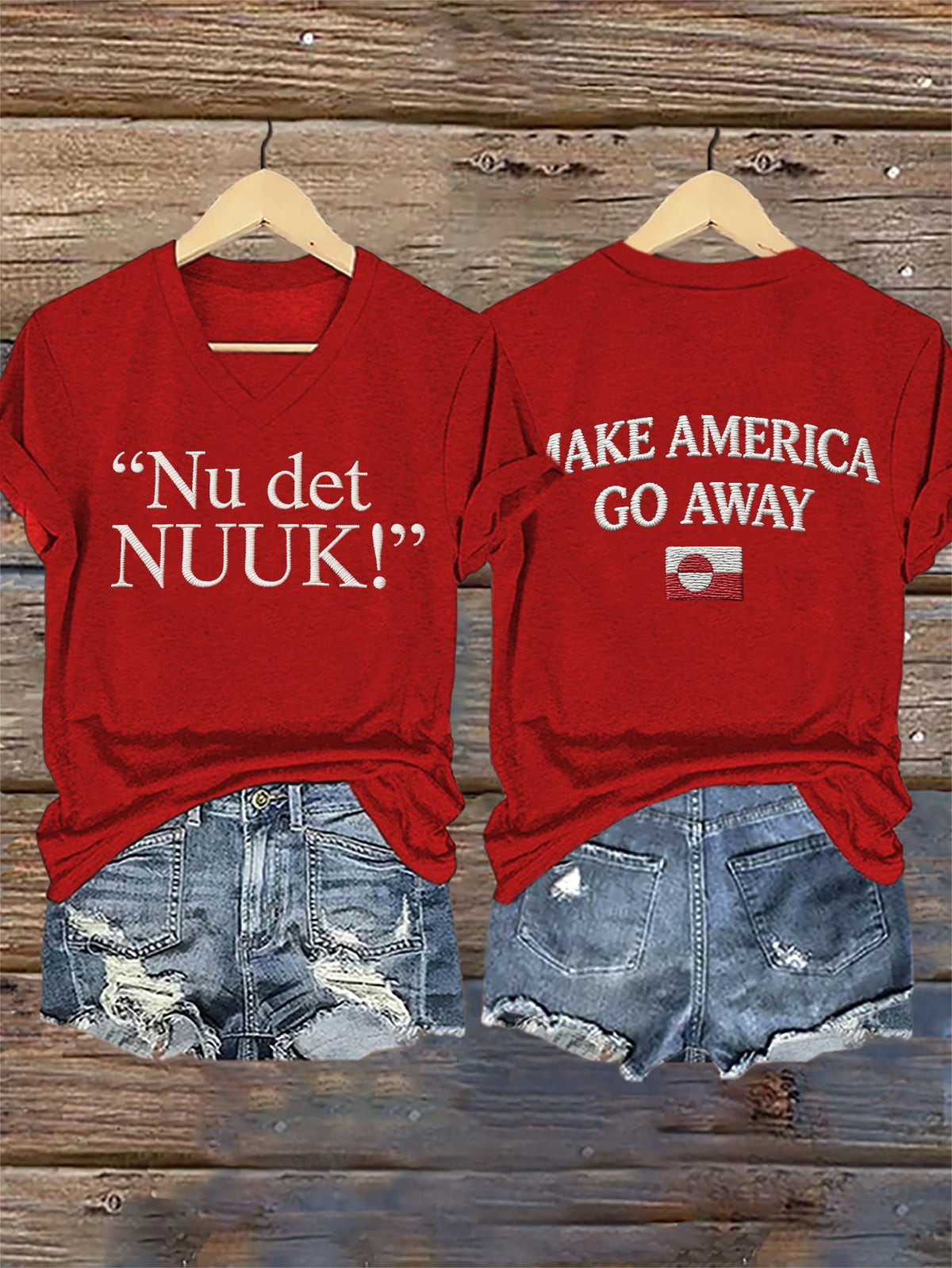 V-Neck Retro Nu Det Nuuk! Make America Go Away Print T-Shirt