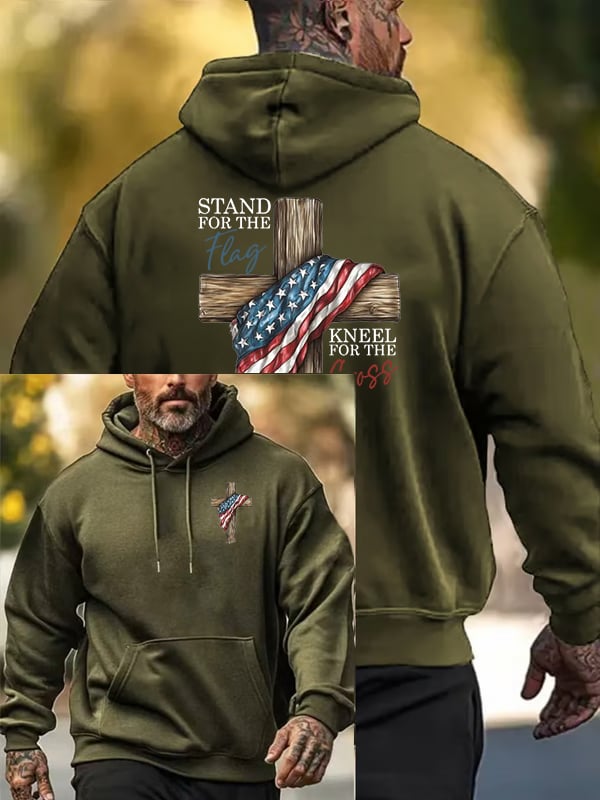 Men's Stand For The Flag Kneel For The Cross Printed Casual Hoodie