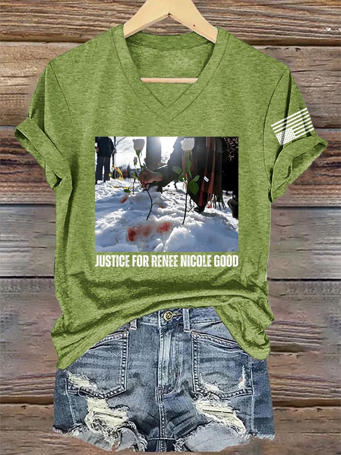 V-Neck Retro Justice For Renee Nicole Good Print T-Shirt