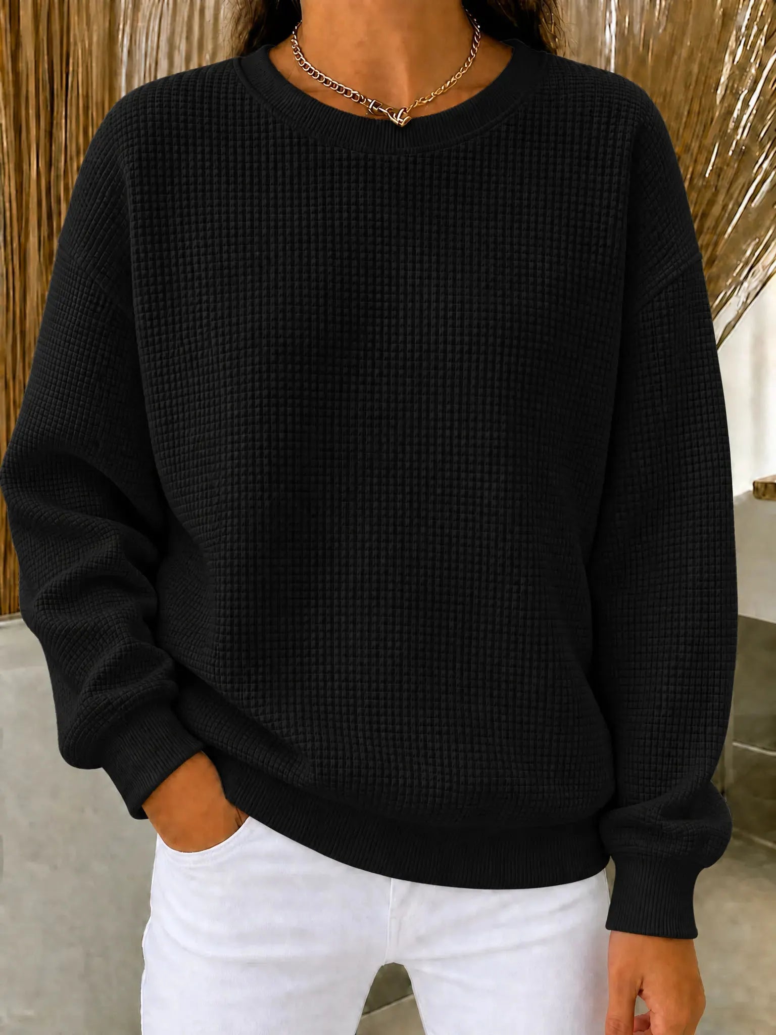 CLEARANCE SALEš„Women's Waffle Knit Crewneck Sweatshirt