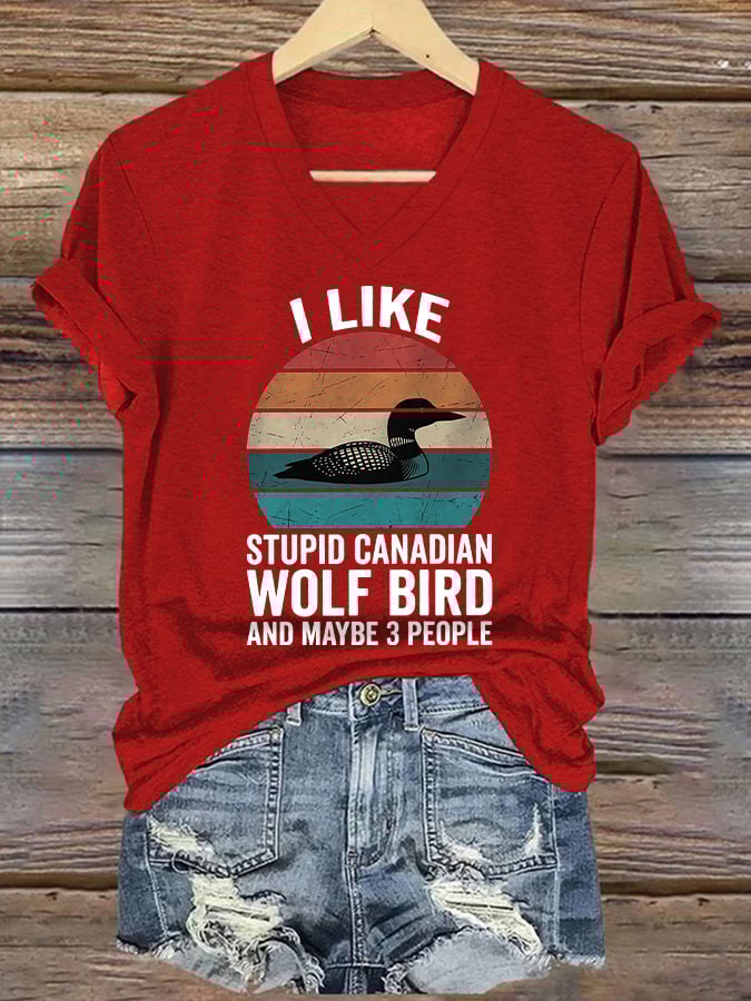 Women's casual Canadian wolf and bird T-shirt