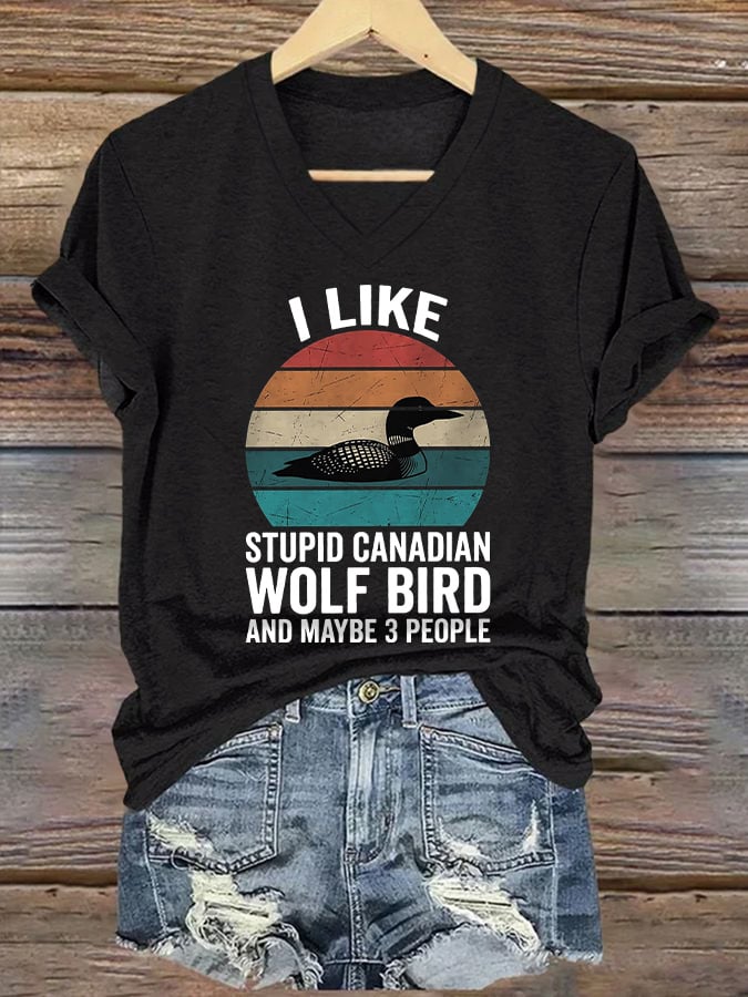 Women's casual Canadian wolf and bird T-shirt