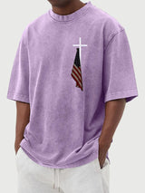 Men's Vintage Flag Cross Print Cotton Washed T-Shirt
