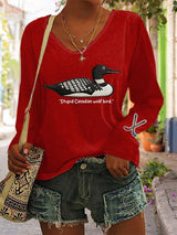 Women's Stupid Canadian wolf bird Print Long Sleeve T-shirt