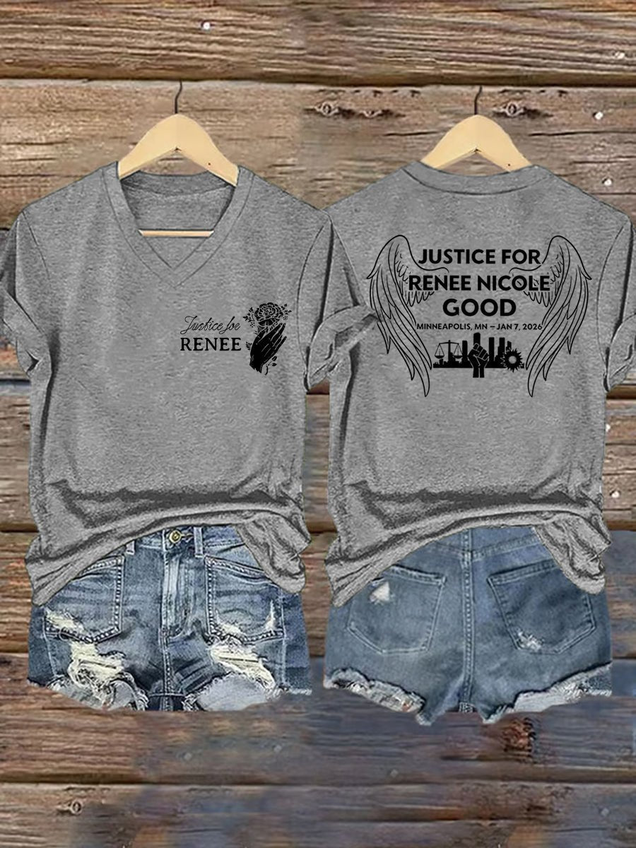 V-Neck Retro Wings Justice For Renee Nicole Good Print T-Shirt