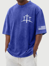Men's Flag Faith Cross Printed Cotton Washed T-Shirt