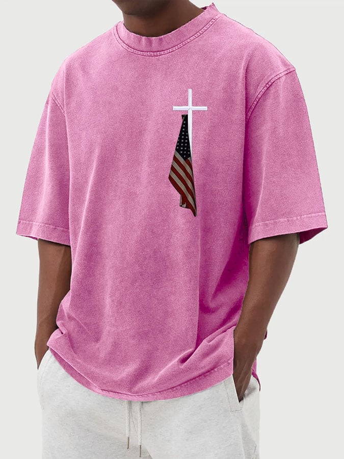 Men's Vintage Flag Cross Print Cotton Washed T-Shirt