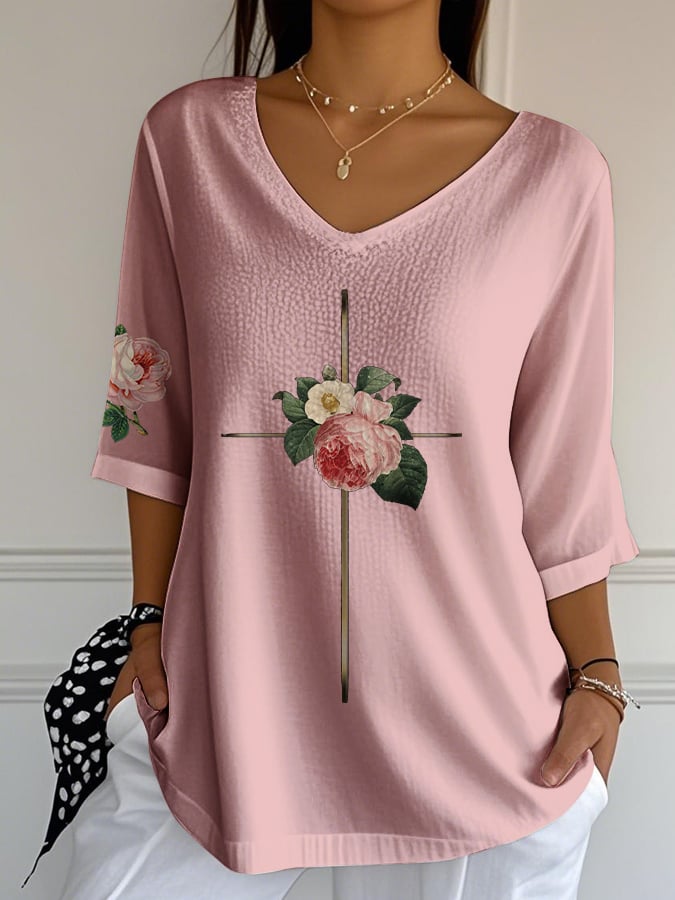Women's Vintage Floral Metal Cross V-Neck T-Shirt