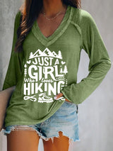 Women's Just A Girl Who Loves Hiking Print V Neck T-Shirt
