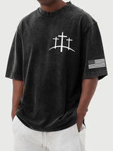 Men's Flag Faith Cross Printed Cotton Washed T-Shirt