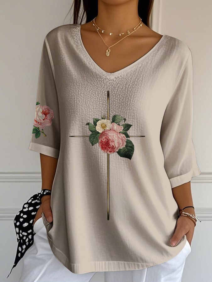 Women's Vintage Floral Metal Cross V-Neck T-Shirt