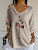 Women's Vintage Floral Metal Cross V-Neck T-Shirt